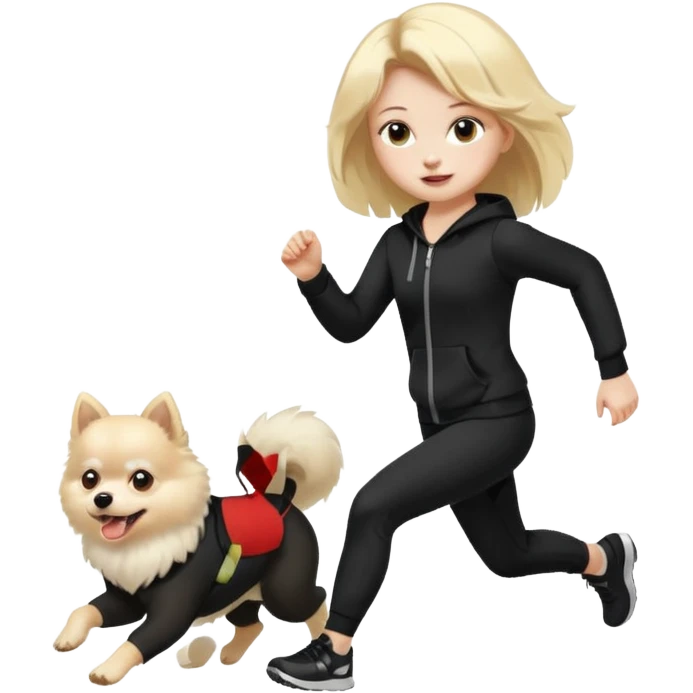 Blond Girl with black Jogging Outfit rum with white pomeranian  emoji