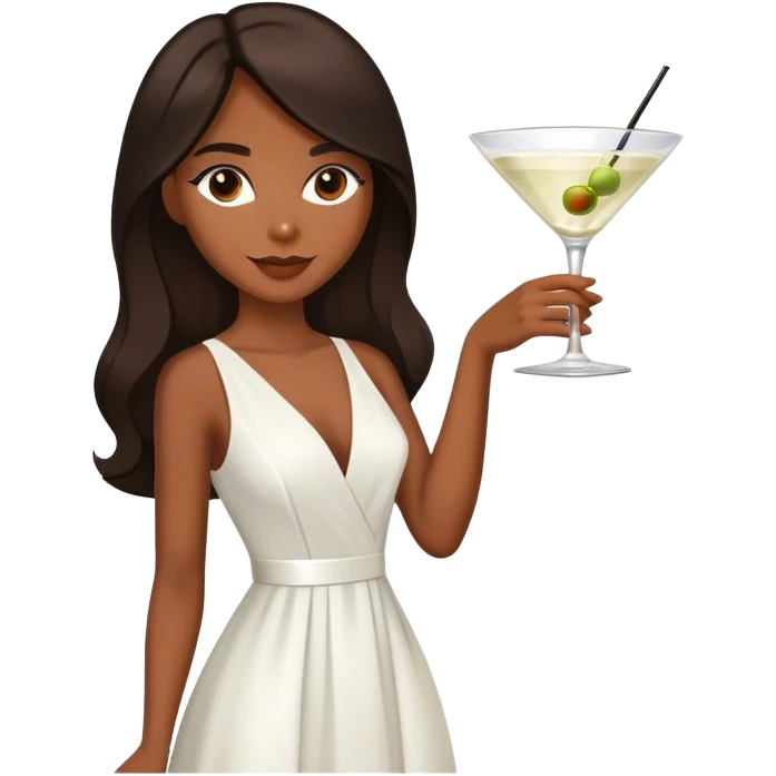 Beautiful woman in 1950’s woman fashion look, white dress, long dark brown hair, martini  emoji