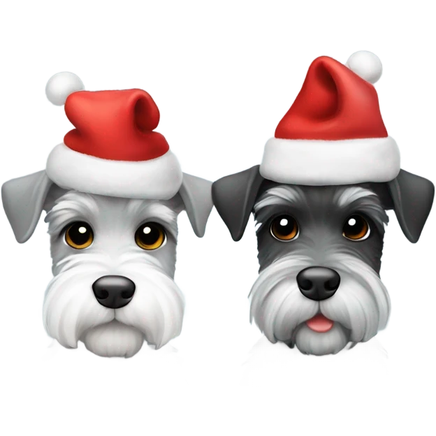 2 miniature schnauzers, 1 grey and one black and white, wearing Christmas hats with a heart in between them emoji