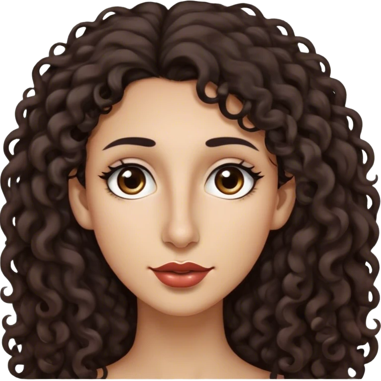 Long dark brown curly hair, long nose, long chin, long face, extra small dark brown eyes, dark far eyebrows, light medium skin tone, small lips emoji
