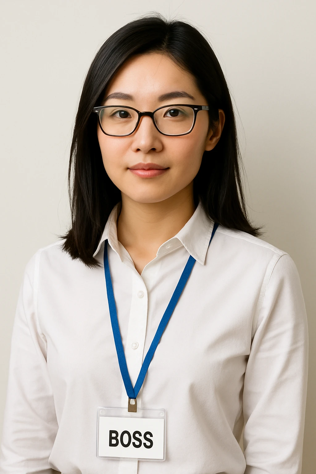 Asian girl with glasses, white shirt, visible boss's work tag, simple background, clean and minimal style emoji