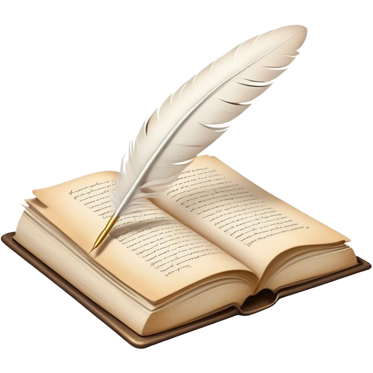 Create a poetic and elegant emoji representing poetry. The design should feature several, gracefully flying pages with short, poetic columns written on them. A white feather quill should be depicted writing on one of the pages, with ink flowing smoothly. The pages should have a soft, antique look, with subtle details to convey the delicate nature of poetry. Use soft, light colors with a romantic, airy feel. Make the background transparent. emoji