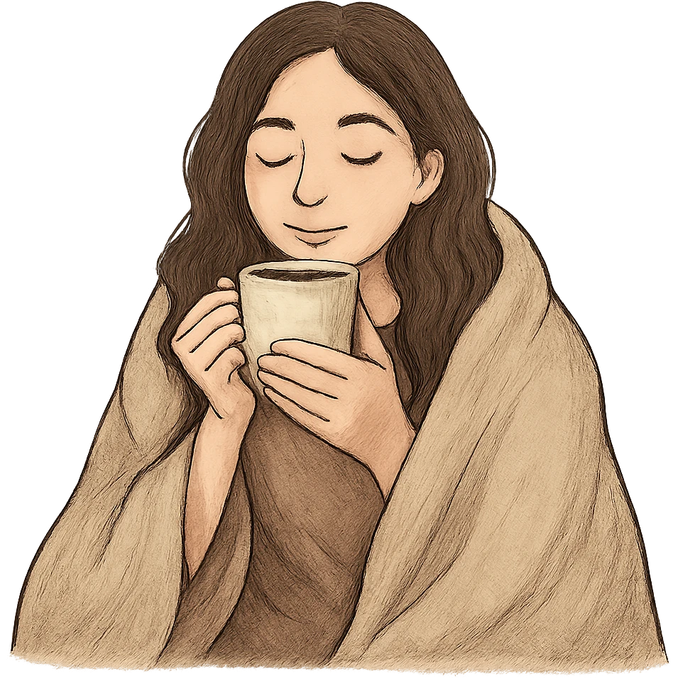 relaxed brunette girl under a blanket drinking coffee with eyes closed, cozy and calm emoji