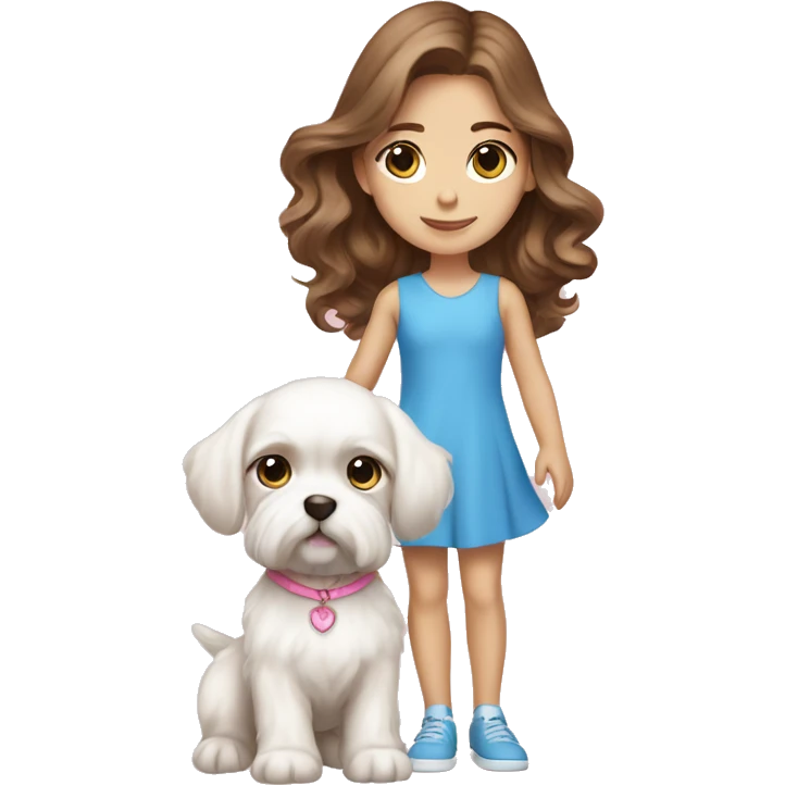 Brown hair blue eyes girl with maltese puppy with pink dress emoji