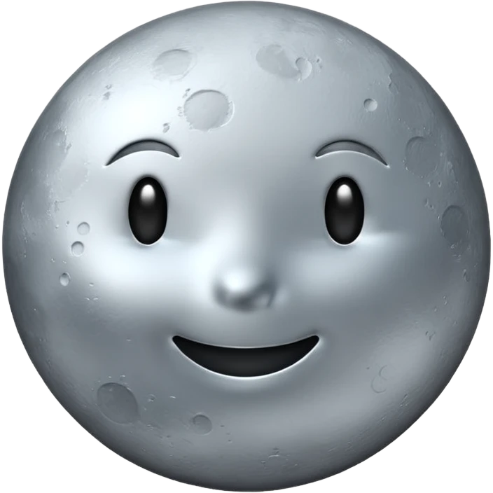 Polished silver moon emoji, chrome metallic texture, iOS emoji style, soft glow, smooth reflections, minimalistic design emoji