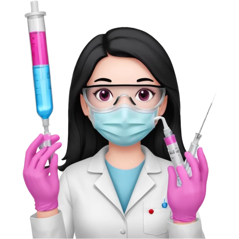 laboratorista con guantes rosa y mascarilla rosa  jeringa tubo laboratorio sin lentes  y  ojos negros cabello largo negro ojos negros emoji