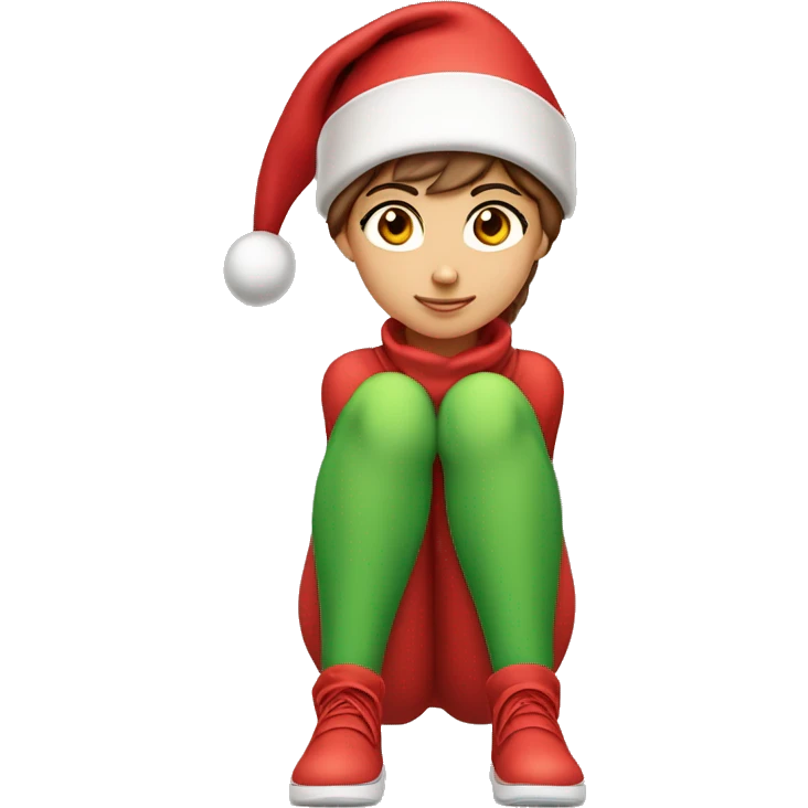 Girl with  brown short hair in red elf hat in a sitting position holding her legs ￼ emoji