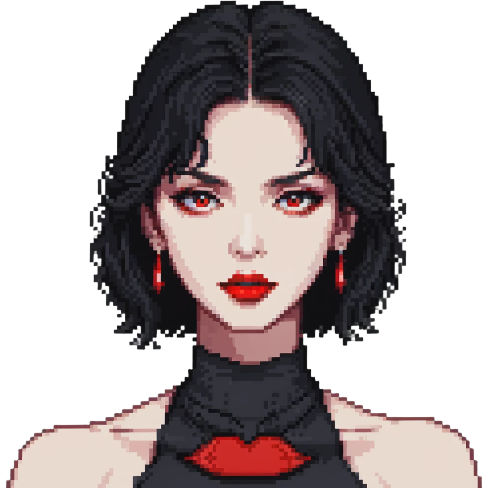female face with black eyes, black hair at neck level, full red lips, pixel art, 16-bit style, neutral expression emoji