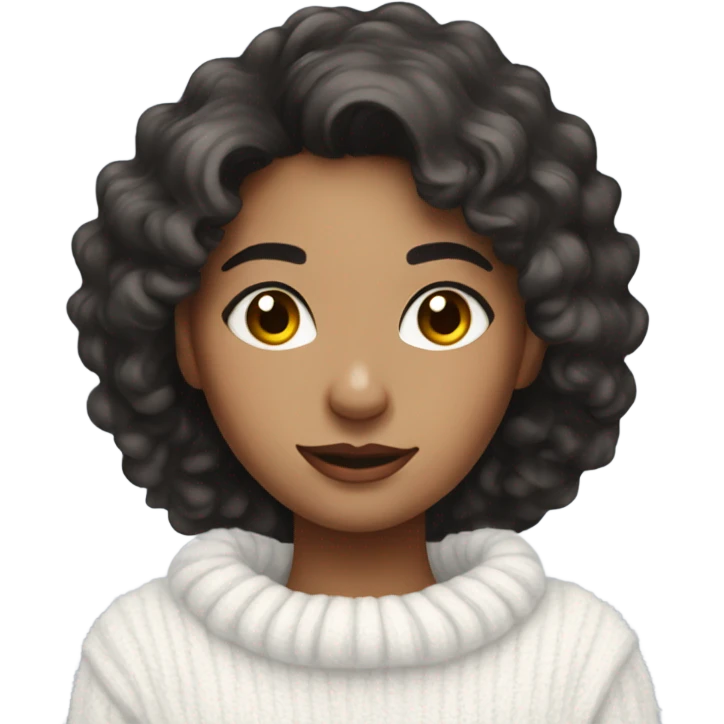 Beautiful girl with dark wavy hair in white fluffy sweater emoji