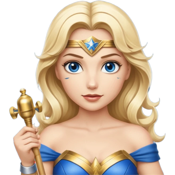Blonde blue eyed Wonder Woman holding white orchestra conductor’s baton and bell  emoji