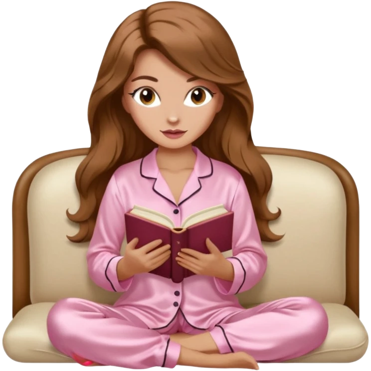 Woman with light tanned skin reading a book on Beige sofa. Long wavy brown hair. Beige ivory colour background. Light pink Silk pyjamas. Realistic person. Fox eye shape with long lashes. Pinky brown lips. emoji