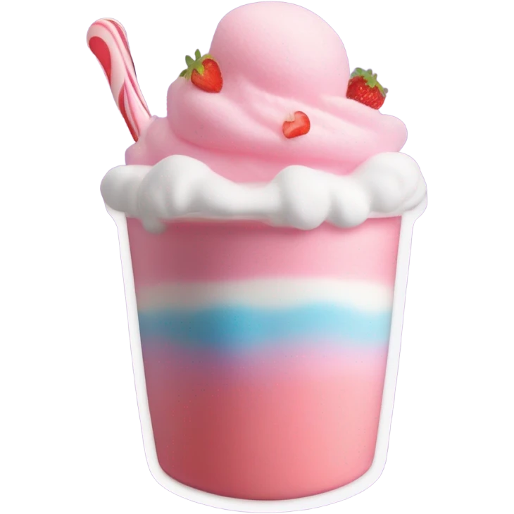 a strawberry milkshake topped with whipped cream, a candy marshmallow, a gummy candy heart, and cotton candy emoji
