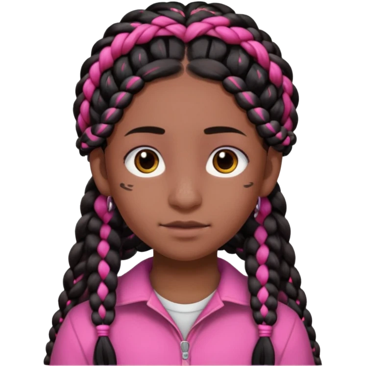arikan, dark long hair whit pink 
and black braids. brown skin, smal round face and a big nose emoji