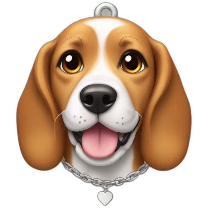 Smiling beagle with Sandy name on a heart shaped dog tag emoji