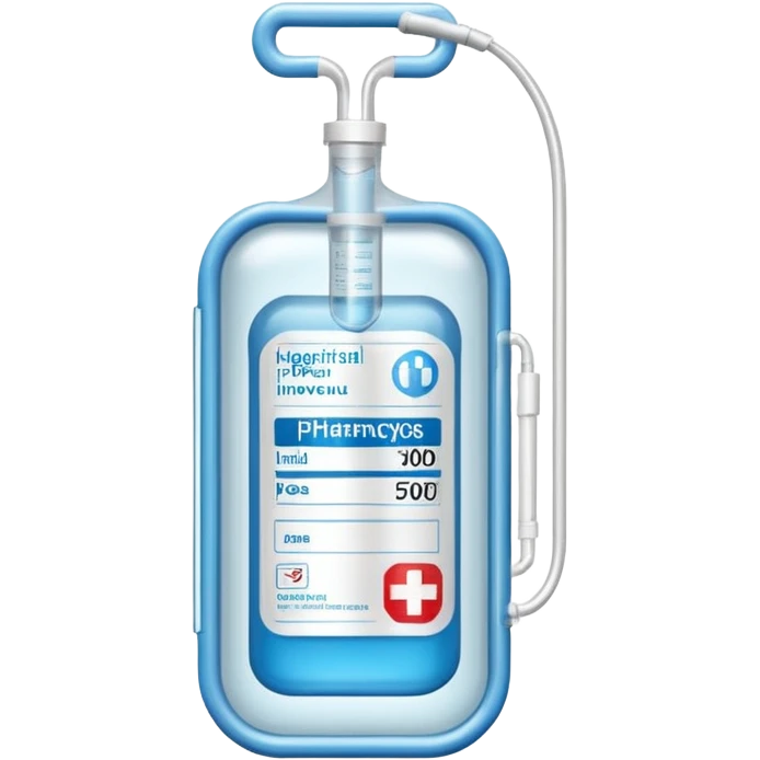 Hospira, BBraun, Hospital Intravenous fluid bag, 2 ports located on the bottom side, and is filled with 500ml, pharmacy label emoji
