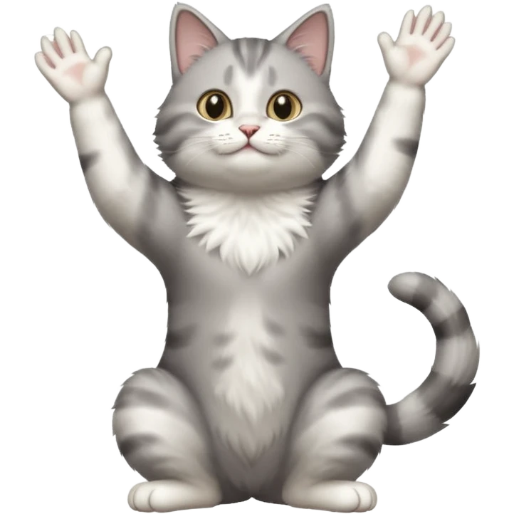 grey and white cat doing a big long stretch reaching up into the air with arms and legs side by side together emoji