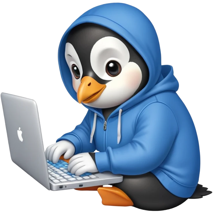 A cute penguin wearing a blue hoodie typing intensely on a laptop keyboard emoji