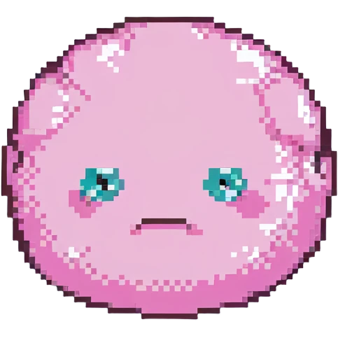 16-bit pixel art of a pink frowny face rounded blob emoji