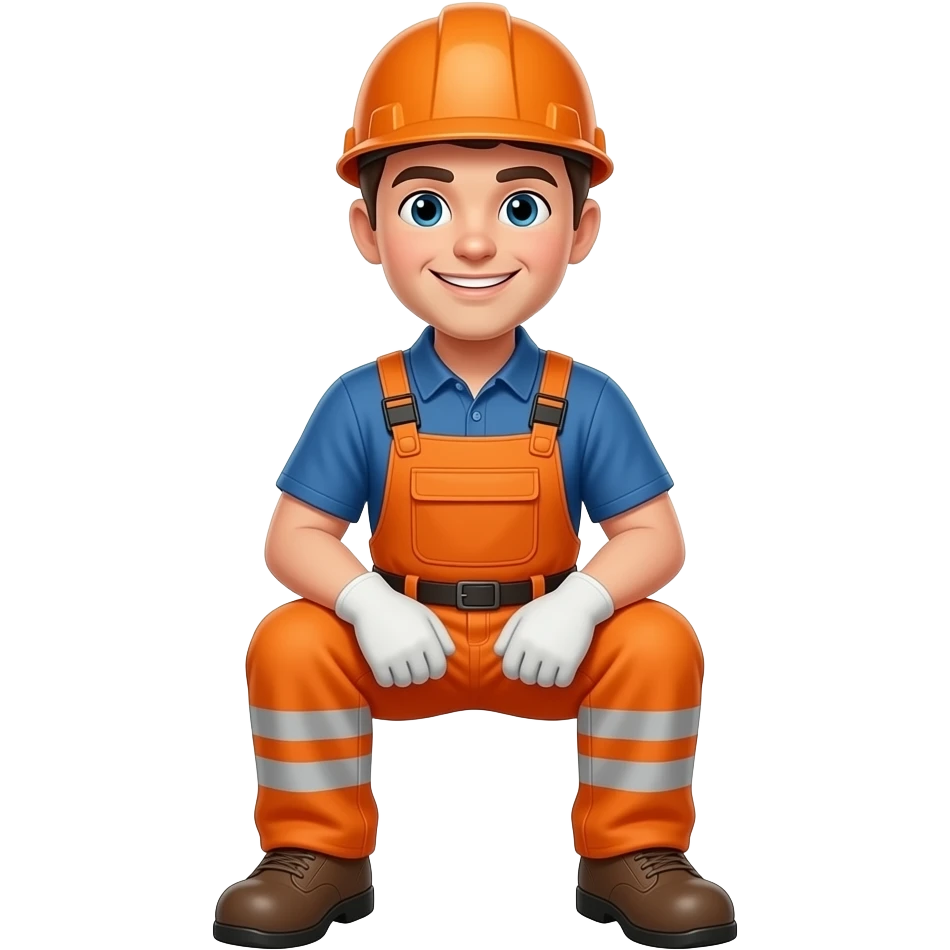 engineer sitting in full hi vis orange overalls, looking happy emoji