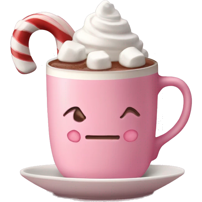 Hot chocolate in a pink mug with a candy cane and marshmallows and whipped cream  emoji