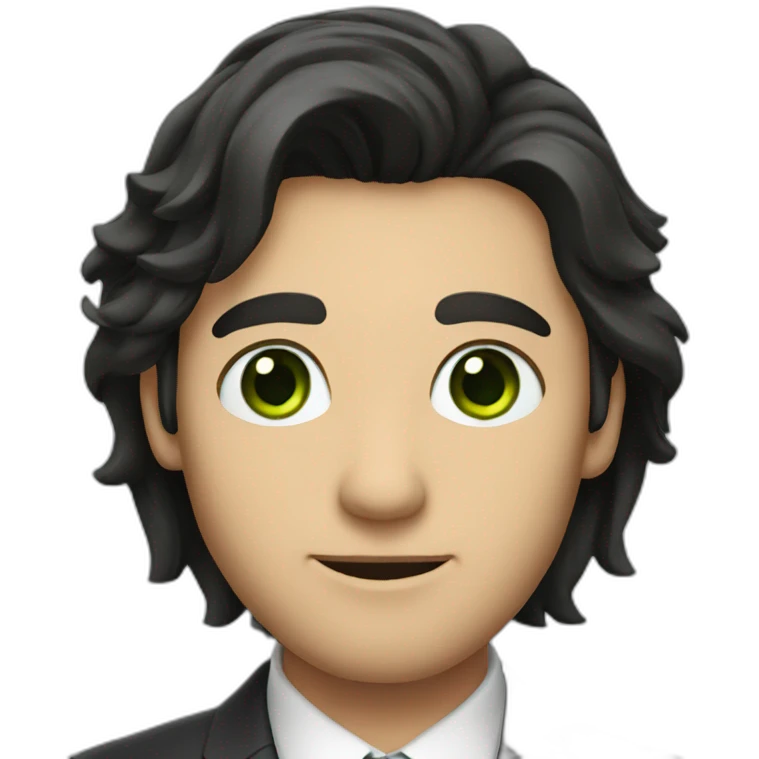 a man with long dark hair in a suit, green eyes emoji