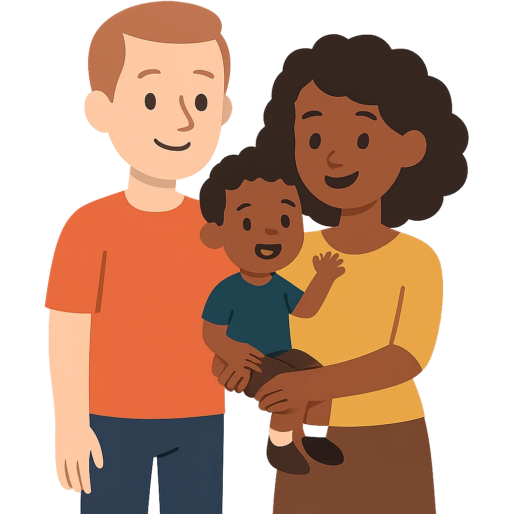 flat toon style family with white dad, black mom, and black child, no background emoji