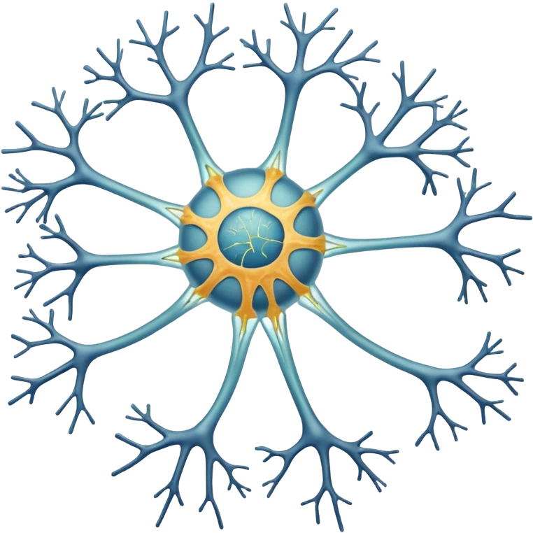 A scientifically accurate nerve cell with the 3 main components, dendrites on the cell body on one side , a long axon and a few dendrites at the other side. emoji