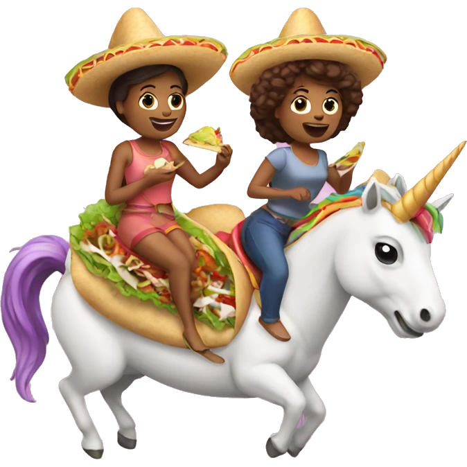 two women eating tacos riding a unicorn emoji
