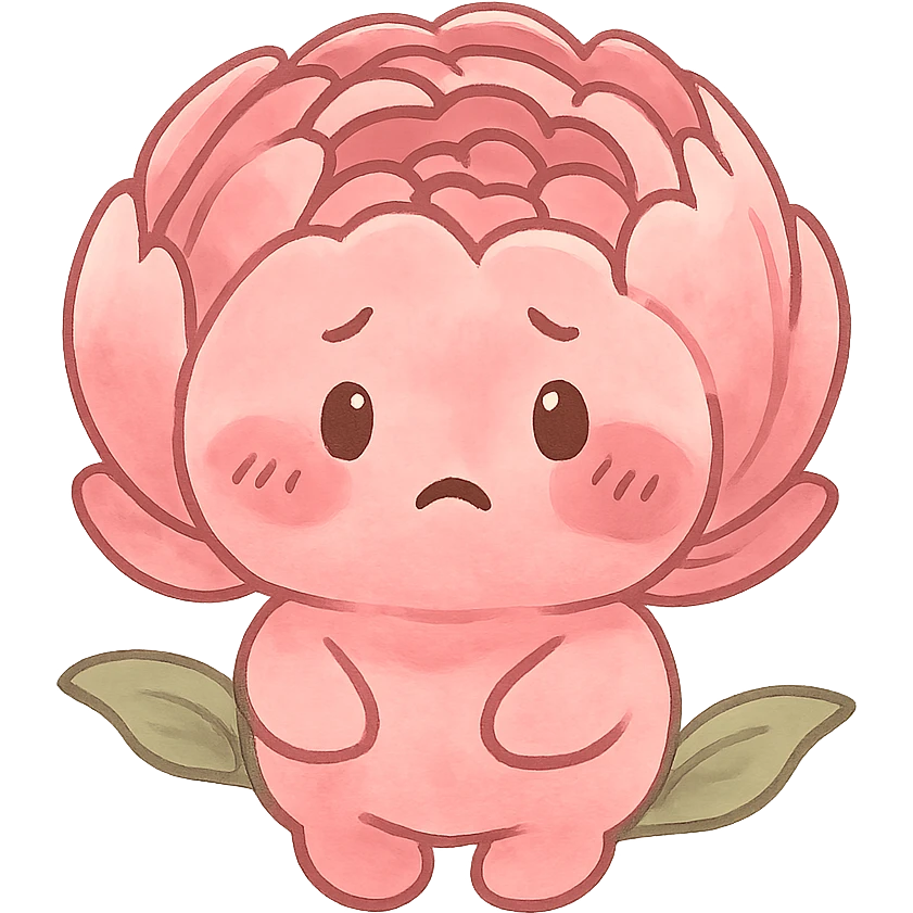 chibi style pink peony flower with a round plump body, blushing cheeks, nervous expression, soft and cute, soft pink tones, full body, transparent background emoji