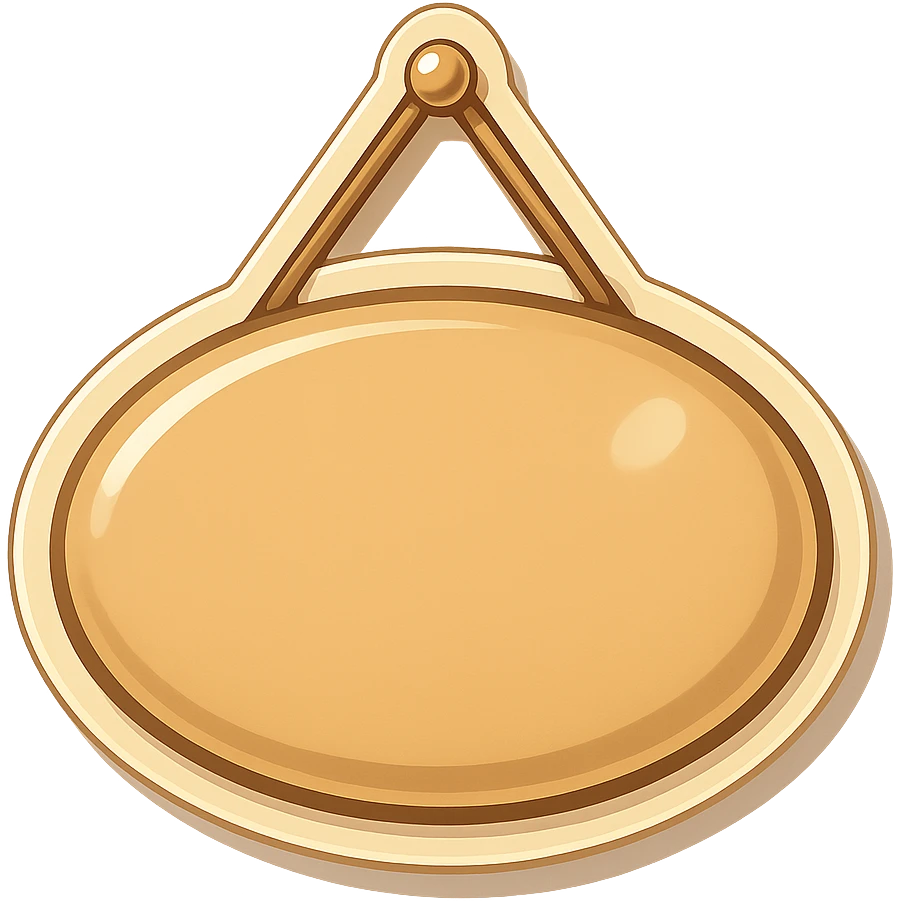 door sign, oval shape, beige color, with shadows and highlights, retro sticker style, hanging on a hinge, transparent background emoji