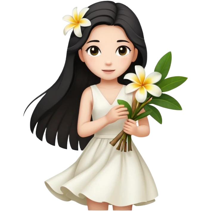  A girl with a black half-up half-down hairstyle, and a white dress, enjoying the spring breeze.Holding a bundle of frangipani emoji