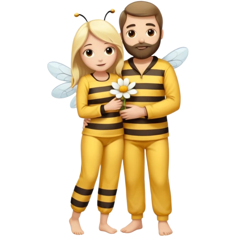 Grown up man with brown eyes, long dark brown long, white skin, medium beard, full body in cute bee pijama hugging a woman with blonde hair, white skin, dressed as a flower  emoji
