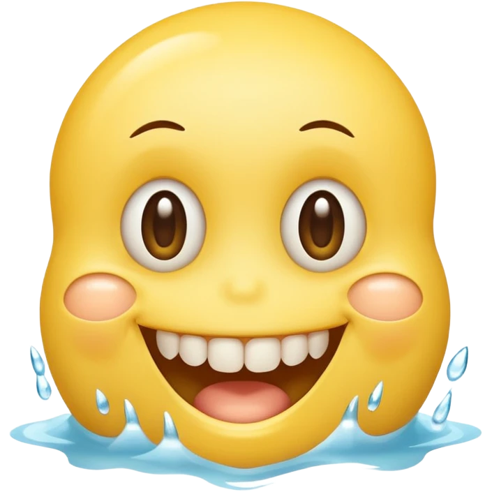 Yellow smiley face holding back tears with realistic watery eyes, and a big human tooth smile emoji