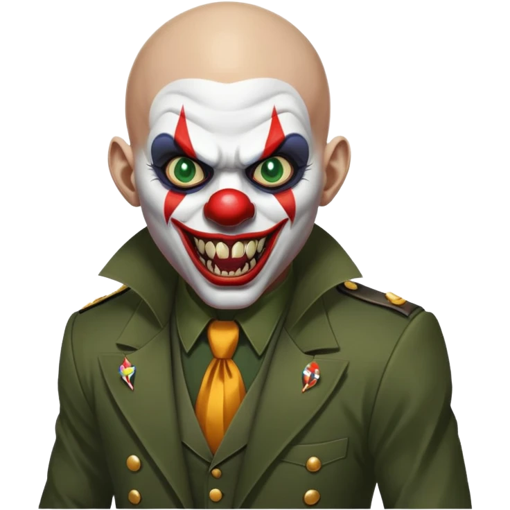 evil clown, bald, short horns from forehead, fangs, pointed ears, black and military green leisure suit, battle-ready fighting posture emoji