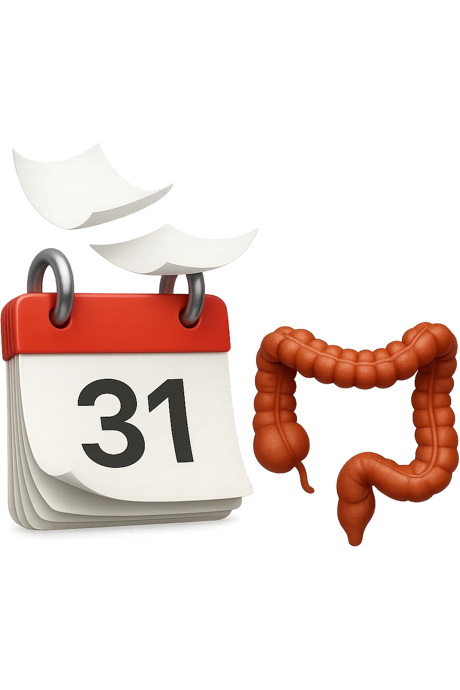 emoji stile iphone di un calendario con fogli che volano insieme a pezzi anatomici di colon umano, iperrealistico 4k, isolato su sfondo bianco emoji