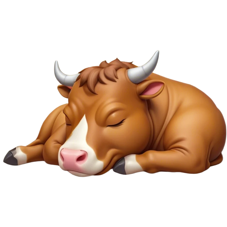 Meme-Worthy Cute Sleeping Domestic Bull Portrait Emoji, Head resting peacefully with a contented smile, showcasing a robust, muscular build and a luxuriously soft coat, eyes gently closed in serene, restful slumber, Simplified yet hilariously adorable features, highly detailed, glowing with a soft, drowsy natural light, high shine, relaxed and utterly lovable, stylized with an air of playful laziness, soft glowing outline, capturing the essence of a sleeping domestic bull that feels destined to become the next viral sensation of adorable rest! emoji