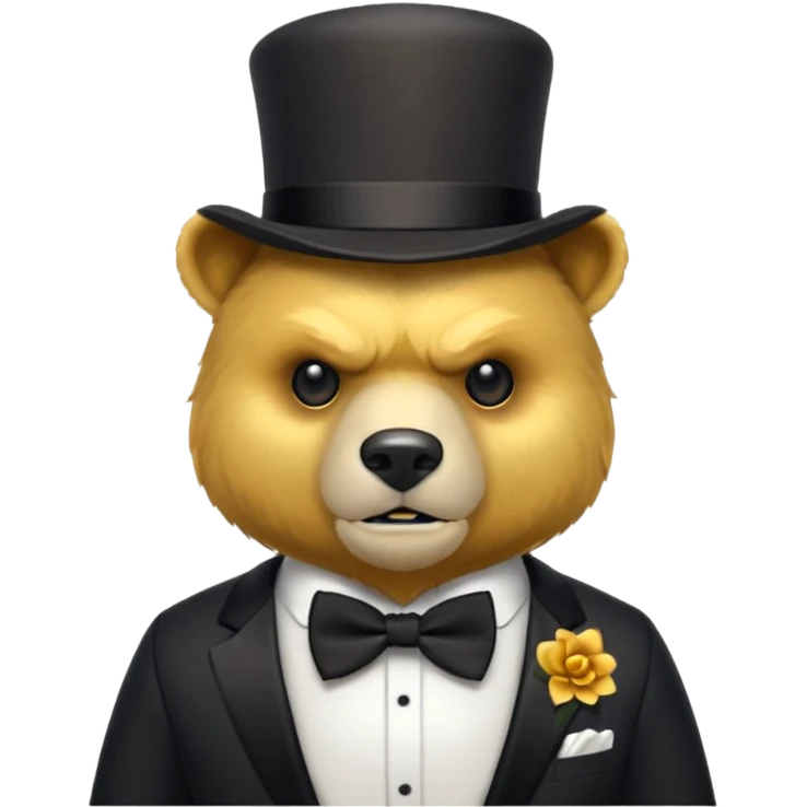Oso dorado con sombrero elegante y moño negro enojado animatronico emoji