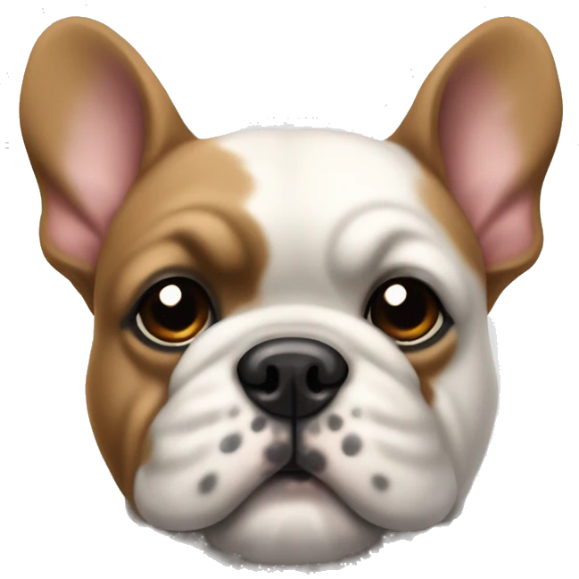 Fluffy French bull dog with a black spot on his face but the dog is white  emoji