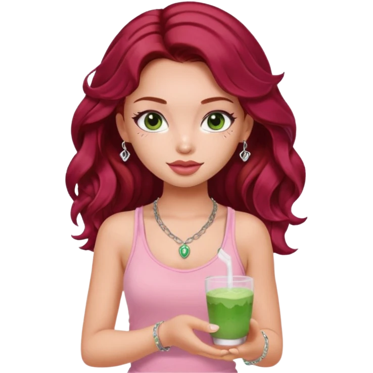 a pretty fair bratz girl with wavy dark red hair, wearing a pink tank top . silver dainty layered necklaces, carrying a matcha emoji