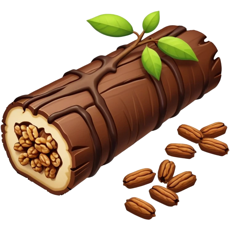 Oblong Tree-log-shaped-chocolate with walnuts drizzled on top emoji