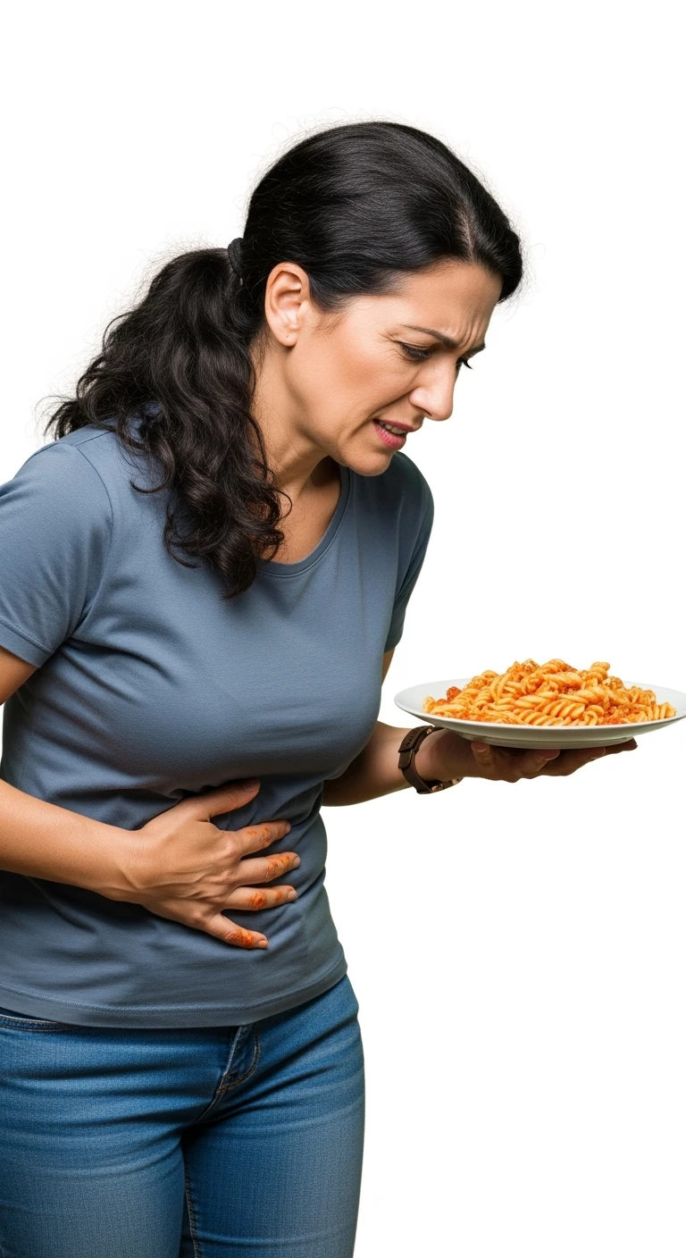 donna con gonfiore addominale e mal di pancia mentre tiene in mano un piatto di pasta, isolata su sfondo bianco emoji