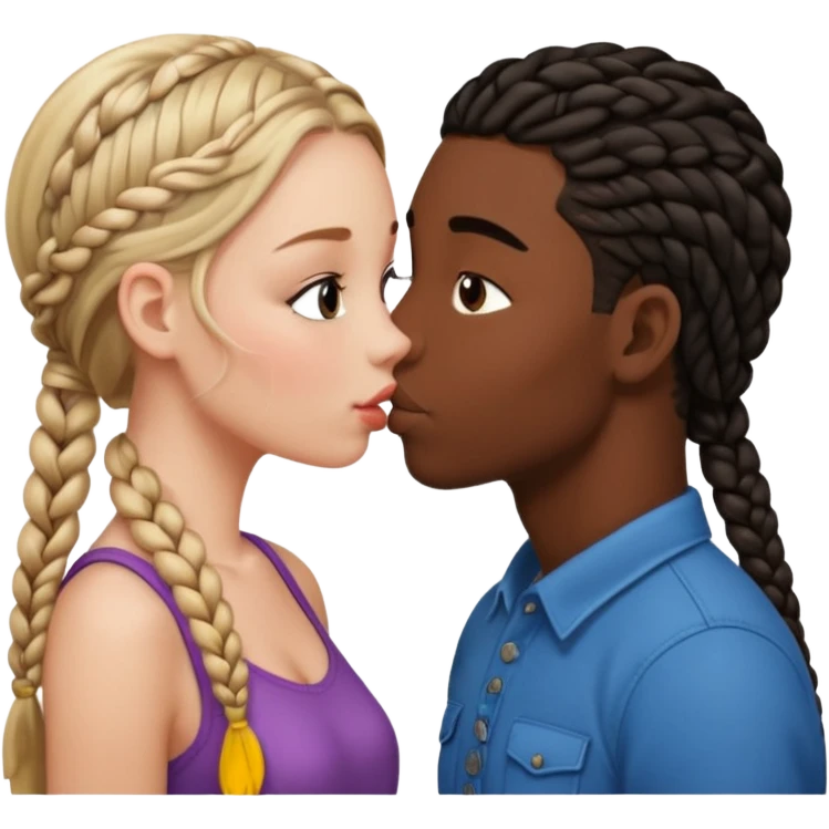 Please create a French kiss between a white girl with braids  and black boy with straight hair emoji