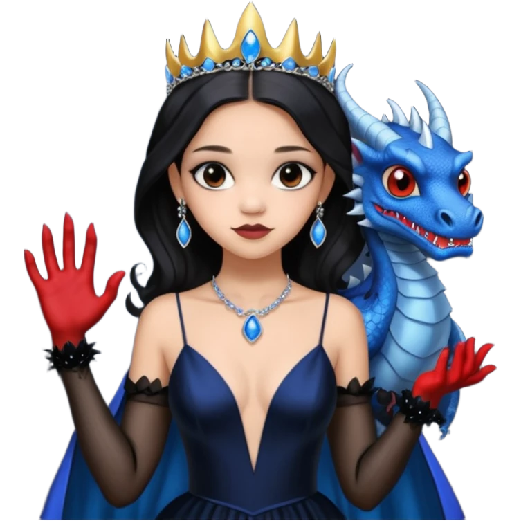 relaxed low cut back silk black evening gown with see-through gloves, Jenna Ortega as Addams woman prom queen wearing a mini tiara, very large blood blue evil-looking horned old dragon companion emoji