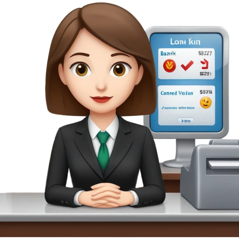 Professional female bank clerk in formal business attire behind a counter emoji