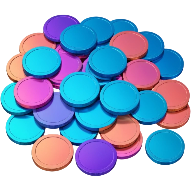 Many Coins pack 
in gradient of turquoise, blue, pink, purple, and coral
 emoji