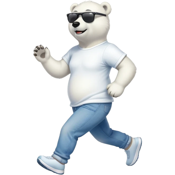 friendly anthropomorphised polar bear in jeans and a t-shirt, wearing dark sunglasses, jogging upright, relaxed pose emoji