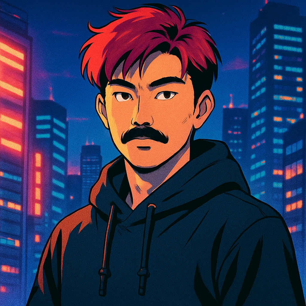 Asian man with black mustache, red hair, black hoodie, in retro-futuristic 80's anime style, city lights background emoji