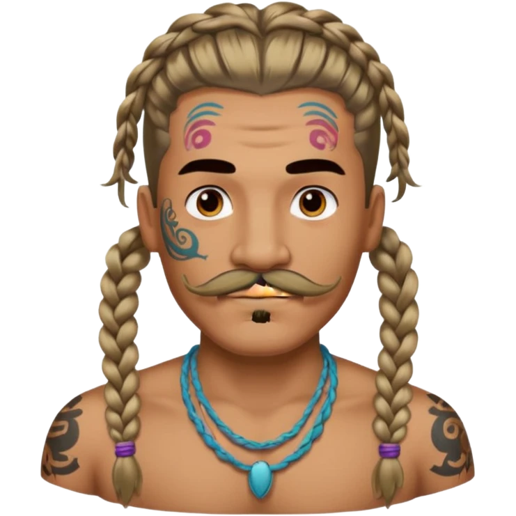 big lose braids starting from the top sides of the head man with mustache face wiith big visible loose only two braids and lots and lots of colored face tattoos colored tattoos like a tattoo artist hair unique color emoji
