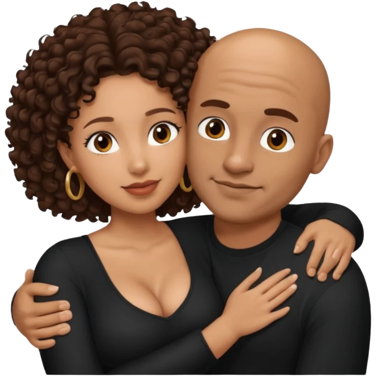 A mixed girl, the girl is wearing a black shirt, the girl has brown curly hair  and the girl has big boobs. A Mexican man is embracing her, with bald hair and clean shaven emoji