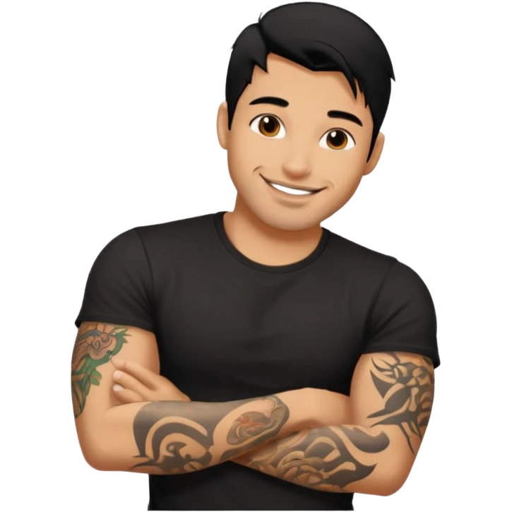 A man in tattoos handsome with flirty smile till legs black hair, bristle  emoji